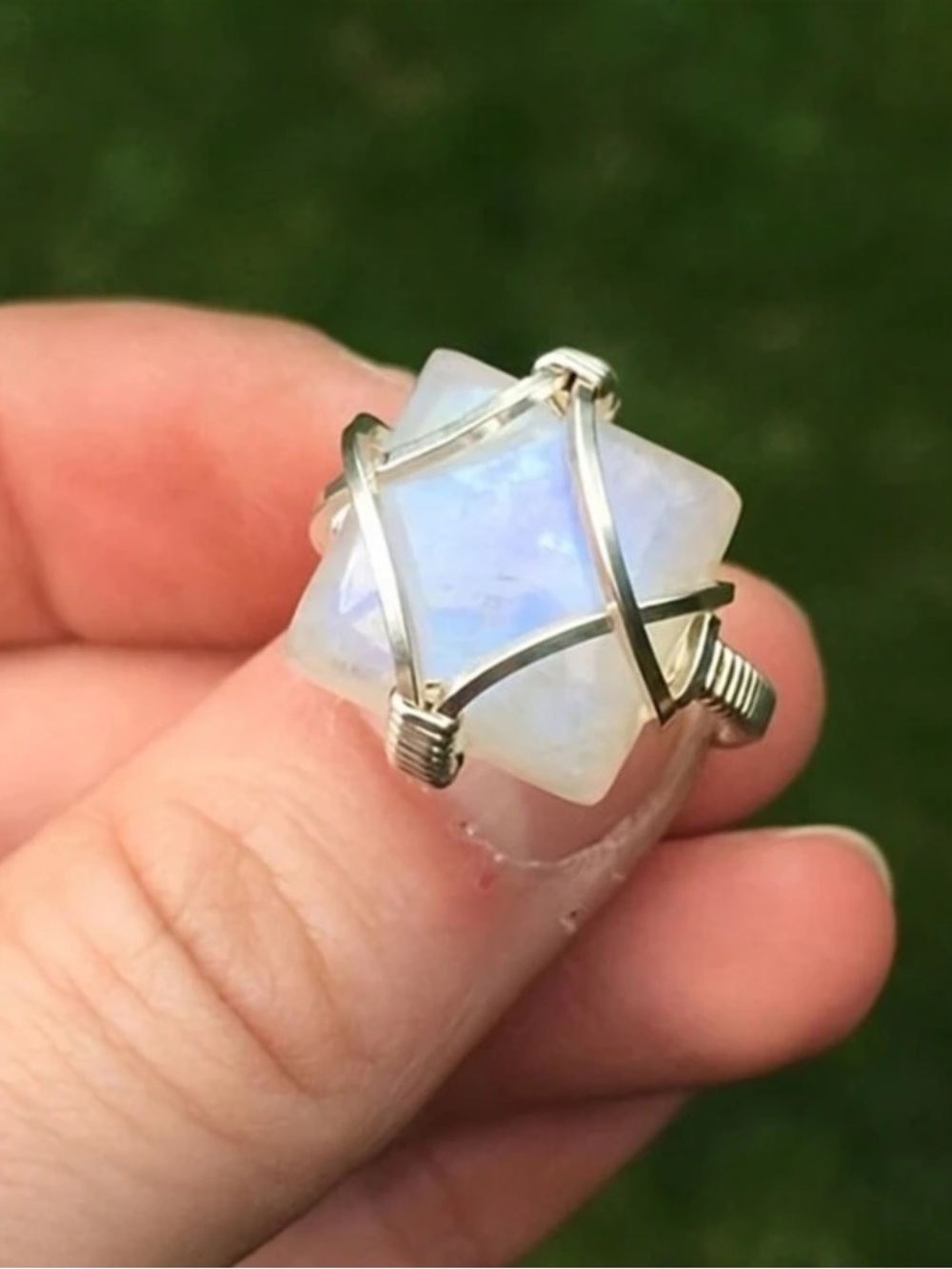 Silver Wire-Wrapped Moonstone Star Ring - White Iridescent
